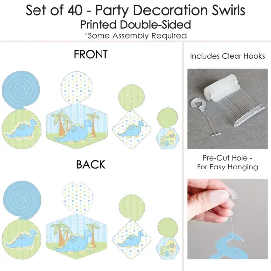 Big Dot of Happiness Baby Boy Dinosaur - Baby Shower or Birthday Party Hanging Decor - Party Decoration Swirls - Set of 40 {7}