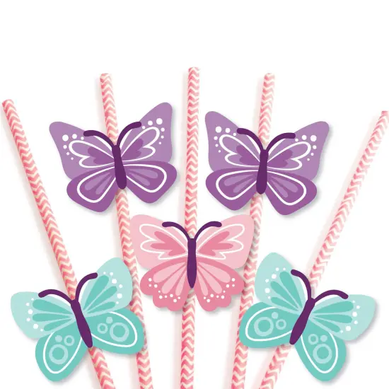 Big Dot of Happiness Beautiful Butterfly - Paper Straw Decor - Floral Baby Shower or Birthday Party Striped Decorative Straws - Set of 24 {7}