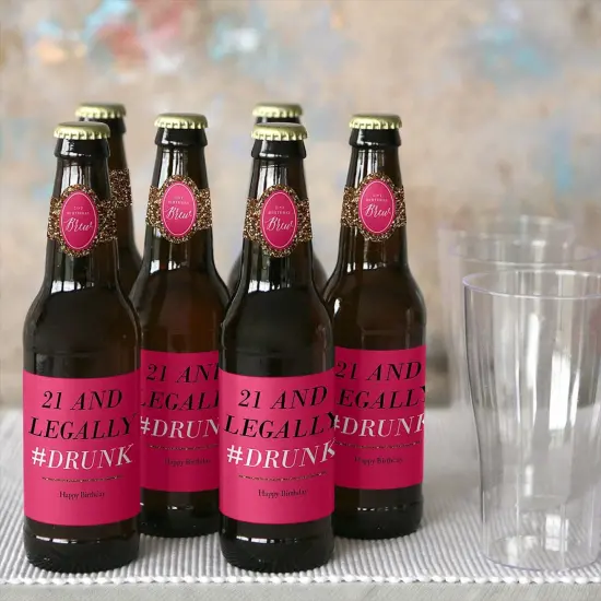 Big Dot of Happiness Finally 21 - Girl - 21st Birthday Party Decorations for Women - 6 Beer Bottle Label Stickers and 1 Carrier {4}