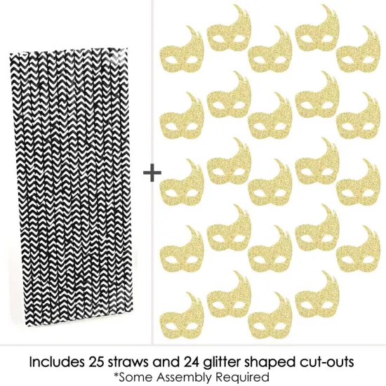 Big Dot of Happiness Gold Glitter Masks Party Straws - No-Mess Real Glitter Cut-Outs & Decorative Masquerade Mardi Gras Party Paper Straws - Set of 24 {6}