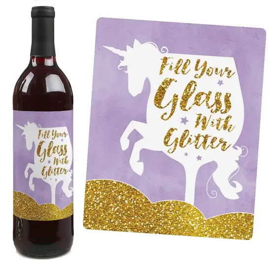 Big Dot of Happiness Rainbow Unicorn - Magical Unicorn Baby Shower or Birthday Party Decor for Women and Men - Wine Bottle Label Stickers - Set of 4 {4}