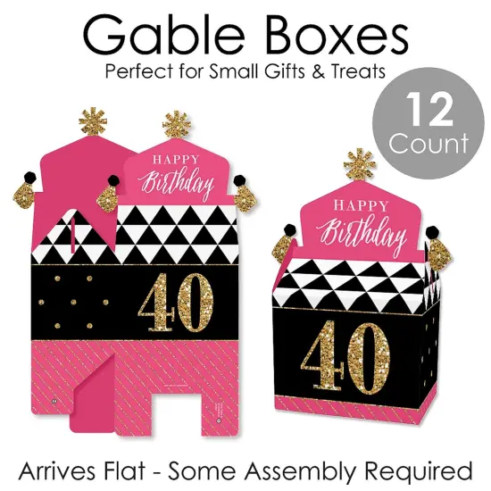 Big Dot of Happiness Chic 40th Birthday - Pink, Black and Gold - Treat Box Party Favors - Birthday Party Goodie Gable Boxes - Set of 12 {7}