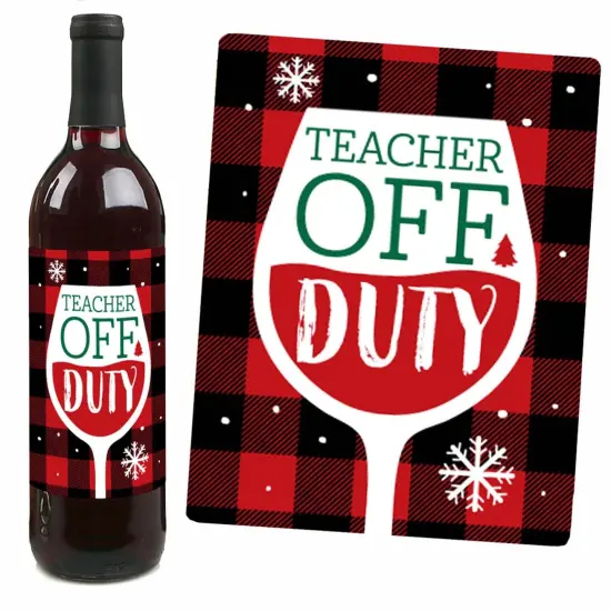 Big Dot of Happiness Plaid Teacher Appreciation - Holiday and Christmas Gifts Decorations for Women and Men - Wine Bottle Label Stickers - Set of 4 {7}