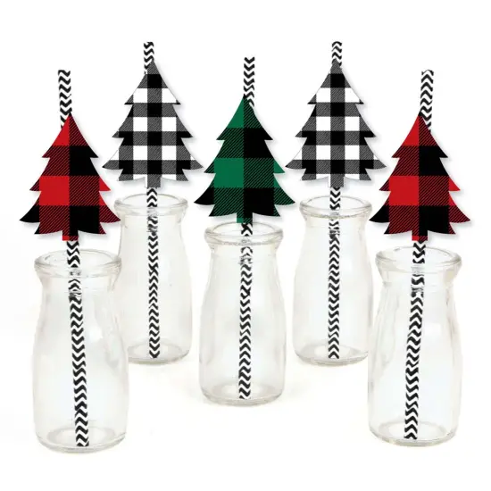 Big Dot of Happiness Holiday Plaid Trees - Paper Straw Decor - Buffalo Plaid Christmas Party Striped Decorative Straws - Set of 24 {1}