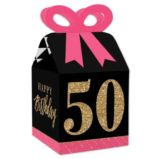Big Dot of Happiness Chic 50th Birthday - Pink, Black and Gold - Square Favor Gift Boxes - Birthday Party Bow Boxes - Set of 12 {1}