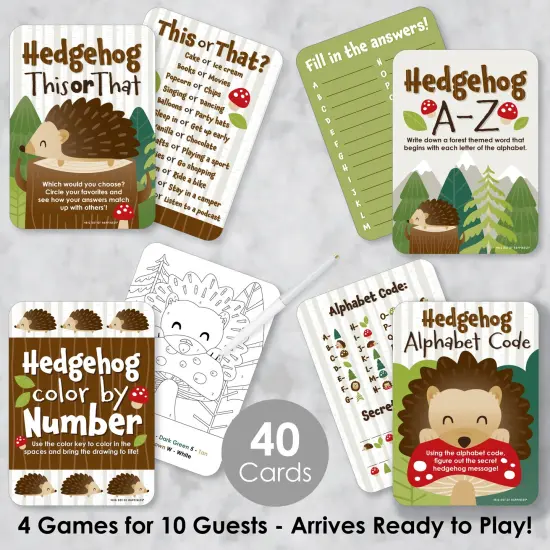 Big Dot of Happiness Forest Hedgehogs - 4 Woodland Birthday Party Games - 10 Cards Each - Gamerific Bundle {3}