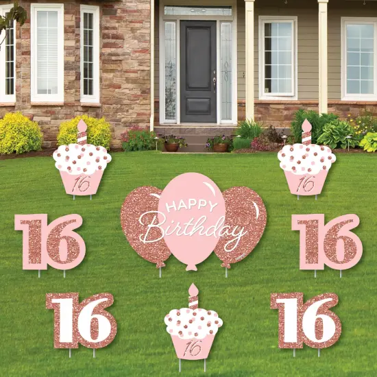 Big Dot of Happiness 16th Pink Rose Gold Birthday - Yard Sign and Outdoor Lawn Decorations - Happy Birthday Party Yard Signs - Set of 8 {1}