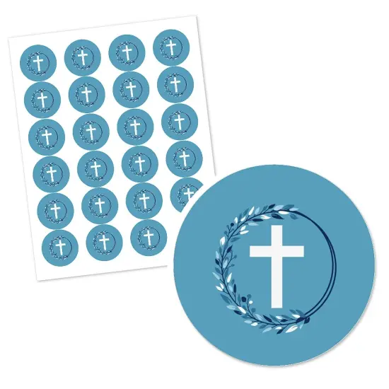 Big Dot of Happiness Blue Elegant Cross - Boy Religious Party Circle Sticker Labels - 24 Count {3}