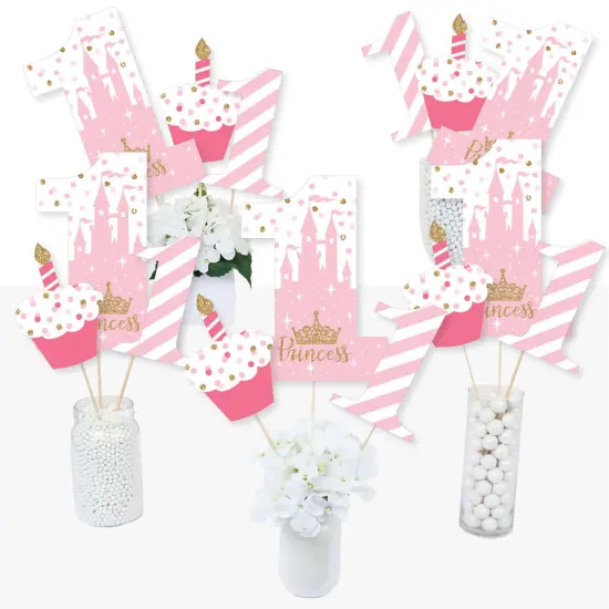 Big Dot of Happiness 1st Birthday Little Princess Crown - Pink and Gold Princess First Birthday Party Centerpiece Sticks - Table Toppers - Set of 15 {3}