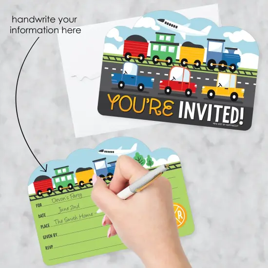 Big Dot of Happiness Cars, Trains, and Airplanes - Shaped Fill-In Invitations - Transportation Birthday Party Invitation Cards with Envelopes - 12 Ct {3}