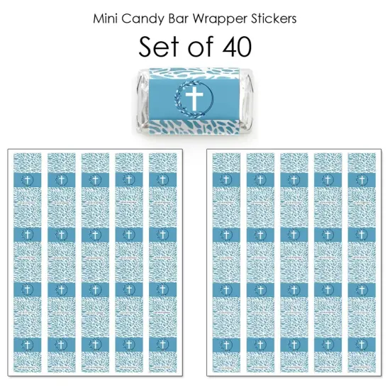 Big Dot of Happiness Blue Elegant Cross - Mini Candy Bar Wrapper Stickers - Boy Religious Party Small Favors - 40 Count {4}