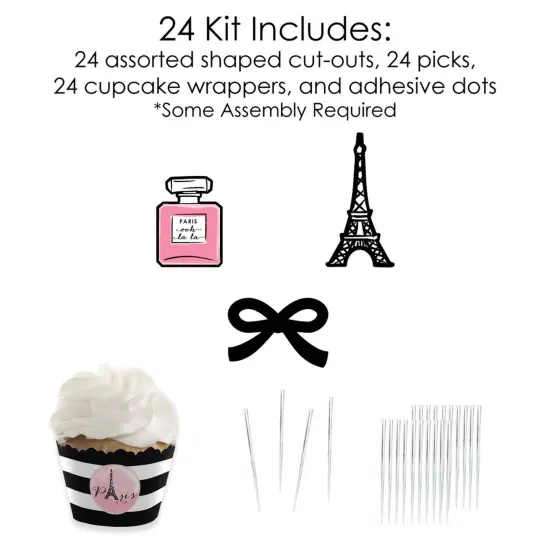 Big Dot of Happiness Paris, Ooh La La - Cupcake Decoration - Paris Themed Baby Shower or Birthday Party Cupcake Wrappers & Treat Picks Kit - Set of 24 {6}