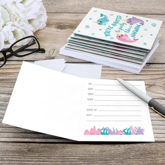 Big Dot of Happiness Narwhal Girl - Fill In Under The Sea Baby Shower or Birthday Party Invitations (8 count) {6}