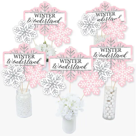 Big Dot of Happiness Pink Winter Wonderland - Holiday Snowflake Birthday Party or Baby Shower Centerpiece Sticks - Table Toppers - Set of 15 {3}