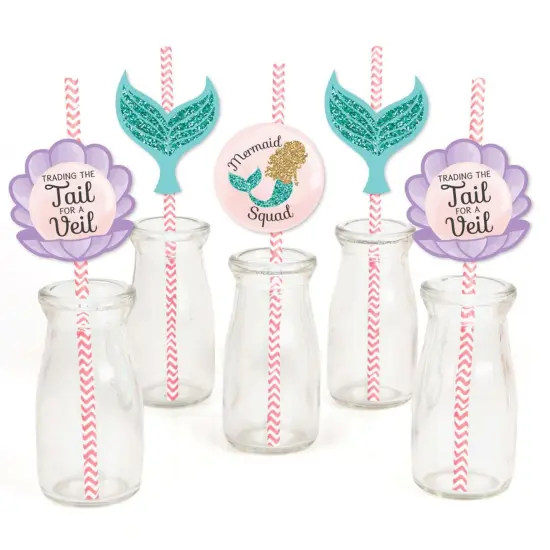 Big Dot of Happiness Trading The Tail for A Veil - Paper Straw Decor - Mermaid Bachelorette Party Bridal Shower Striped Decorative Straws - Set of 24 {1}