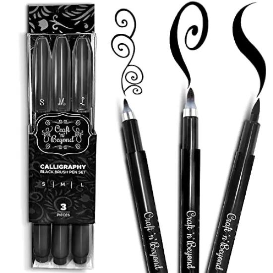 3 Pieces Calligraphy Brush Pens Small, Medium and Large Markers for Hand Lettering, Art Drawing, Sketching, Scrapbooking, Journaling - Beginner Kit with Fadeproof Black Ink {2}