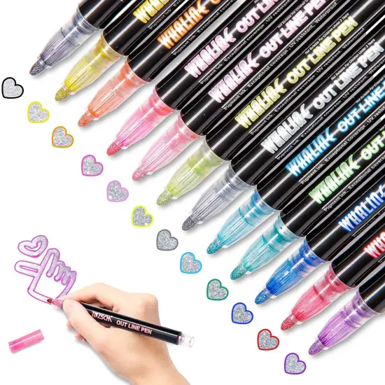 Whaline Double Line Outline Pens, 12 Colors Self-Outline Metallic Markers Glitter Writing Drawing Pens for Christmas Card Writing, Birthday Greeting, DIY Art Crafts, Scrap Booking {1}