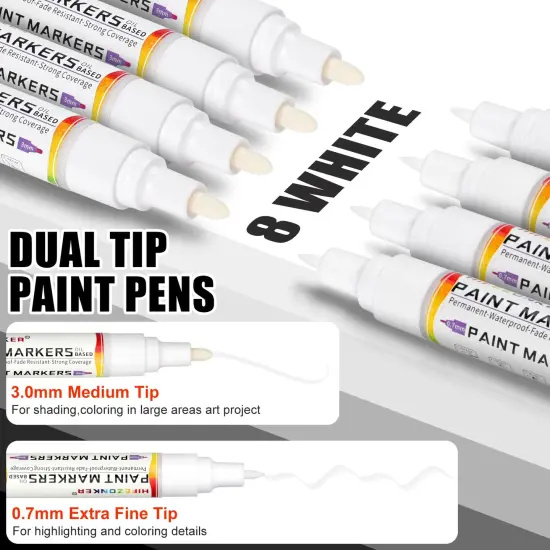 8 Pack White Paint Marker - Dual Tip Oil Based White Permanent Markers,Extra Fine Tip & Medium Fine Tip(0.7mm & 3mm),Quick Drying, Waterproof, Marker Pen for Fabric, Easter Egg, Glass {1}