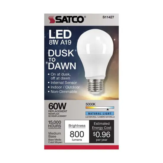 Satco 8w A19 LED Dusk to Dawn With PhotoCell 5000K Medium base 120v - 60w-equiv Natural Light {2}