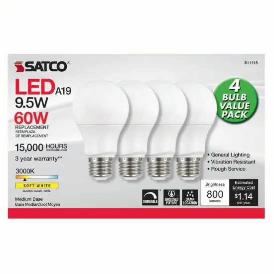 4Pk - Satco 9.5w 120v A19 LED Bulb 3000k Soft White - 60w-equiv {1}
