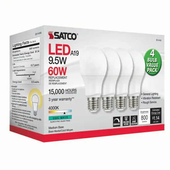 4Pk - Satco 9.5w 120v A19 LED Bulb E26 Medium Base 4000k Cool White - 60w-equiv {2}
