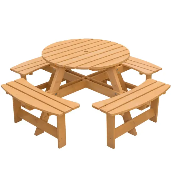 Wooden Outdoor Patio Garden Round Picnic Table with Bench, 8 Person Stained {1}