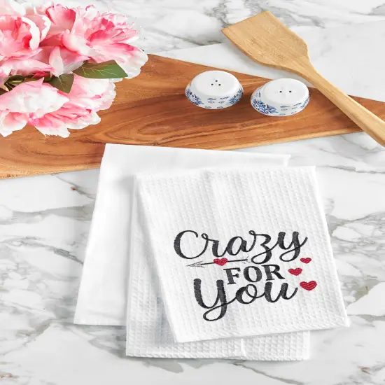 Valentine's Day "Crazy For You" Embroidered Waffle Weave Kitchen Dishtowel {3}