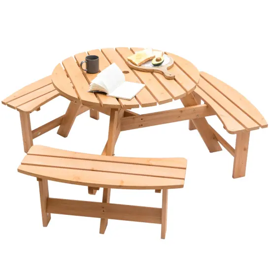 Wooden Outdoor Round Picnic Table with Bench for Patio, 6- Person with Umbrella Hole Stained {2}