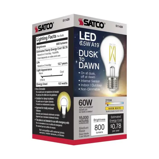 Satco 6.5w A19 LED Dusk to Dawn w/ PhotoCell 2700K Medium base 120v - 60w-equiv Warm White {5}