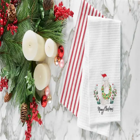 27" x 18" "Meowy Christmas" Sentiment Featuring Cat in Santa Hat Embroidered & Waffle Weave Kitchen Dish Towel {3}