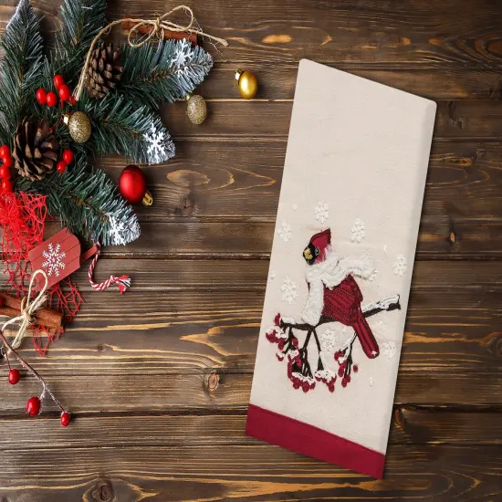Winter Theme Cozy Red Cardinal in White Scarf Christmas Kitchen Cotton Flour Sack Kitchen Dish Towel 27L x 18W in. {3}