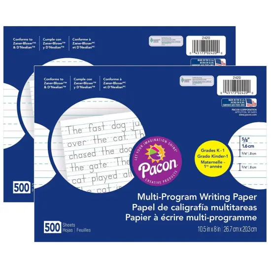 Multi-Program Handwriting Paper, 5/8" Ruled (Long Way), White, 10-1/2" x 8", 500 Sheets Per Pack, 2 Packs {1}
