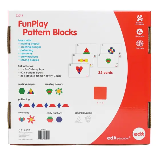 FunPlay Pattern Blocks - Set of 60 Wooden Math Manipulatives + 50 Activities + Messy Tray {4}