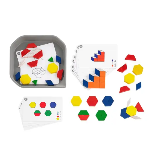 FunPlay Pattern Blocks - Set of 60 Wooden Math Manipulatives + 50 Activities + Messy Tray {2}
