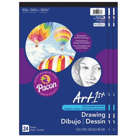 Drawing Paper Pad, Heavyweight, 12" x 18", 24 Sheets, Pack of 3 {1}
