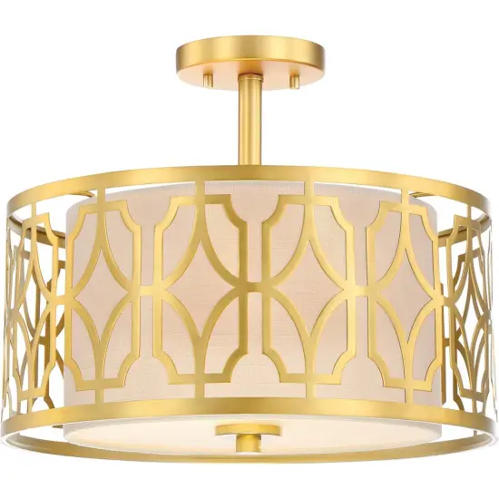 Nuvo Filigree 2-Light Semi Flush Mount w/ Beige Linen Shade in Natural Brass {1}