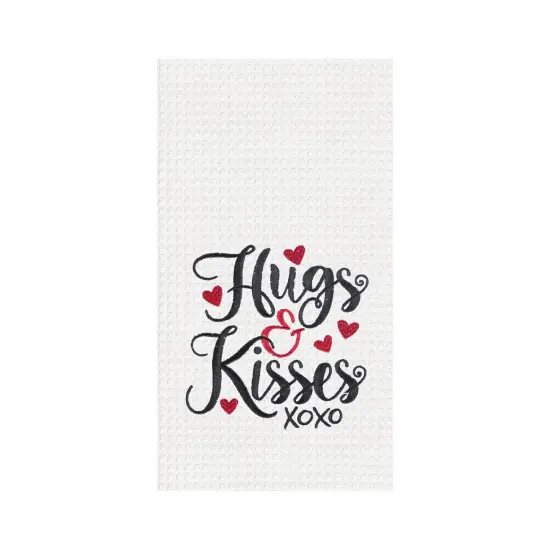 Valentine's Day "Hugs & Kisses" XOXO Embroidered Waffle Weave Kitchen Dishtowel {1}