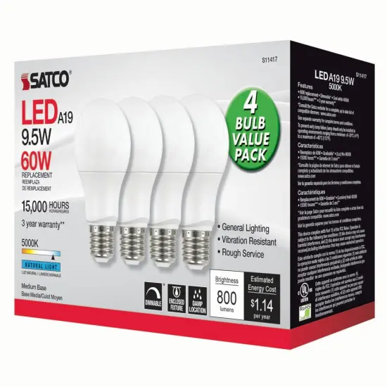 4Pk - Satco 9.5w 120v A19 LED Bulb E26 Base 5000k Natural Light - 60w-equiv {3}