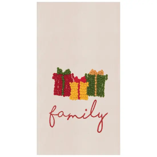 Christmas Presents "Family" French Knot Embroidered Cotton Beaded Guest Dishtowel {1}