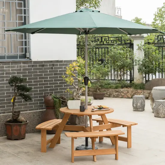 Wooden Outdoor Patio Garden Round Picnic Table with Bench, 8 Person Stained {2}