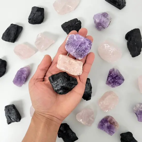 Amethyst, Tourmaline, Rose Quartz - Healing Crystals Trio Set {1}