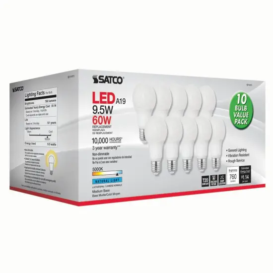 10Pk - Satco 9.5w 120v A19 LED Bulb Frosted E26 Medium Base 5000k - 60w-equiv {2}