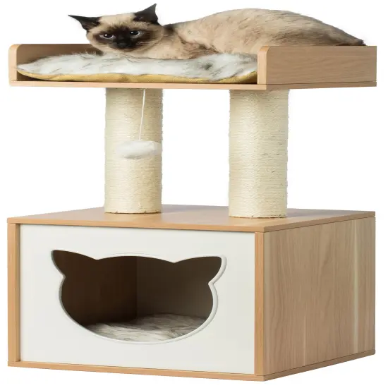 Cat Tree Play House Condo Cube Cave, Platform, Scratcher Post and Ball Toy {2}