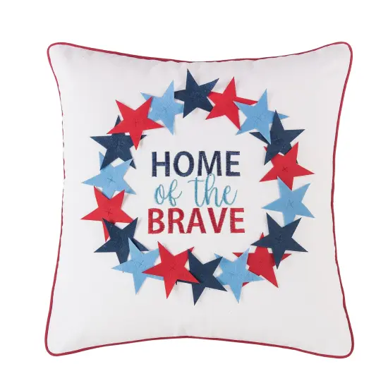 Patriotic "Home Of The Brave" Wreath Pattern Applique Accent Throw Pillow, 18" x 18" {1}