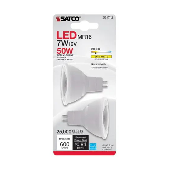 2Pk - Satco 7w MR16 LED 12v GU5.3 base 500Lm 3000k Warm White Bulbs {3}