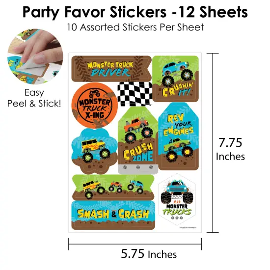 Big Dot of Happiness Smash and Crash - Monster Truck - Boy Birthday Party Favor Sticker Set - 12 Sheets - 120 Stickers {6}