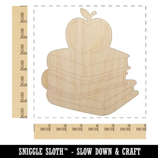Apple on Stack of Books Reading Library Teacher Unfinished Wood Shape Piece Cutout for DIY Craft Projects {1}