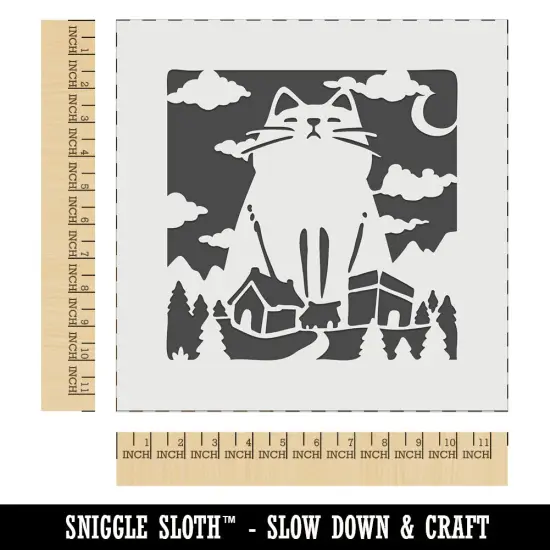 Giant Yule Cat Looming Over Village Christmas Wall Cookie DIY Craft Reusable Stencil {1}