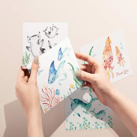Baby Shower Thank You Cards | Blank Ocean Animal Greeting Cards | Eco Friendly | Assorted 12, 24 Set With Envelopes {5}