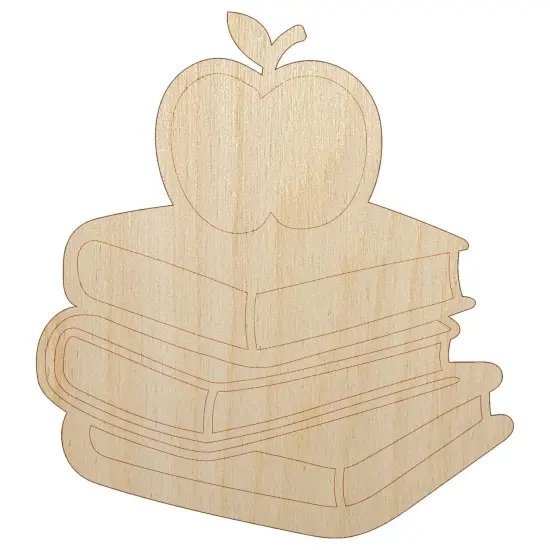 Apple on Stack of Books Reading Library Teacher Unfinished Wood Shape Piece Cutout for DIY Craft Projects {7}